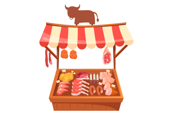 Food Market Butcher Stand. Meat Display Graphics for Publishers